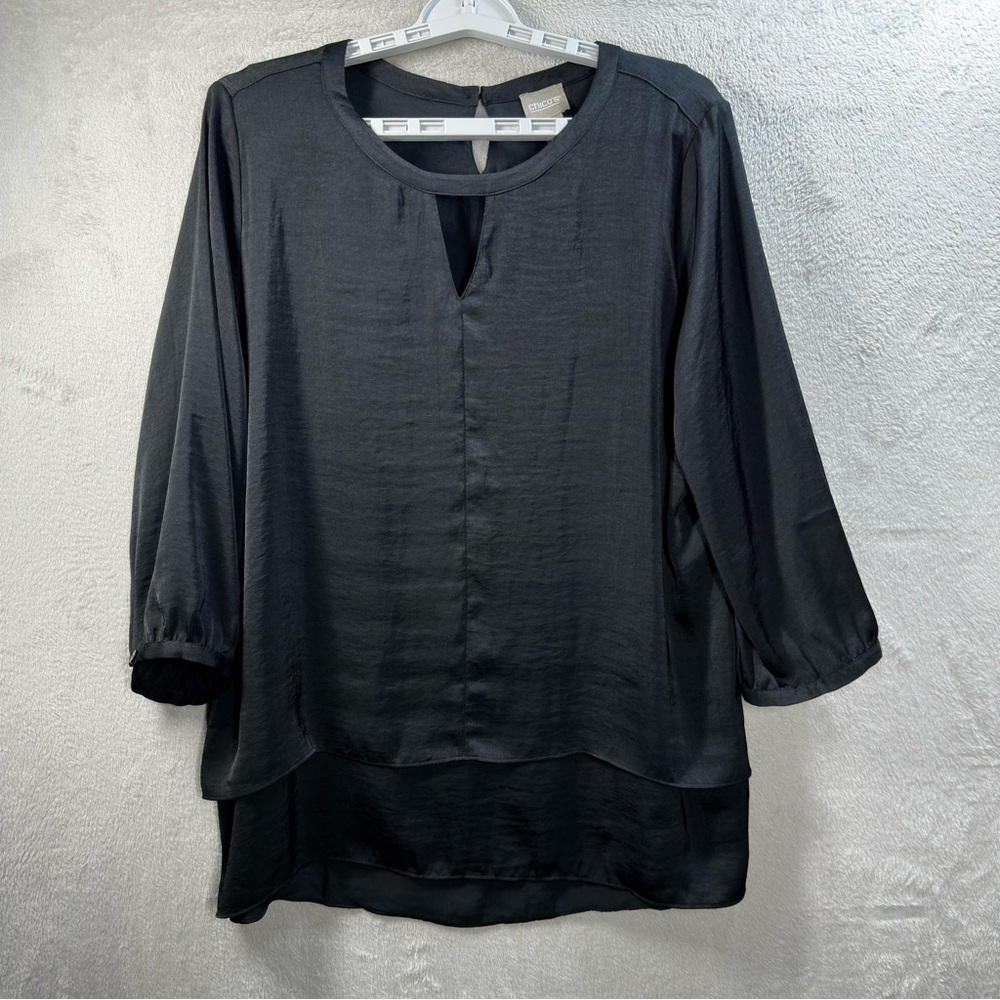Chico’s Layered Tunic Women’s L Black 3/4 Sleeve Keyhole Neck Dressy Flowy